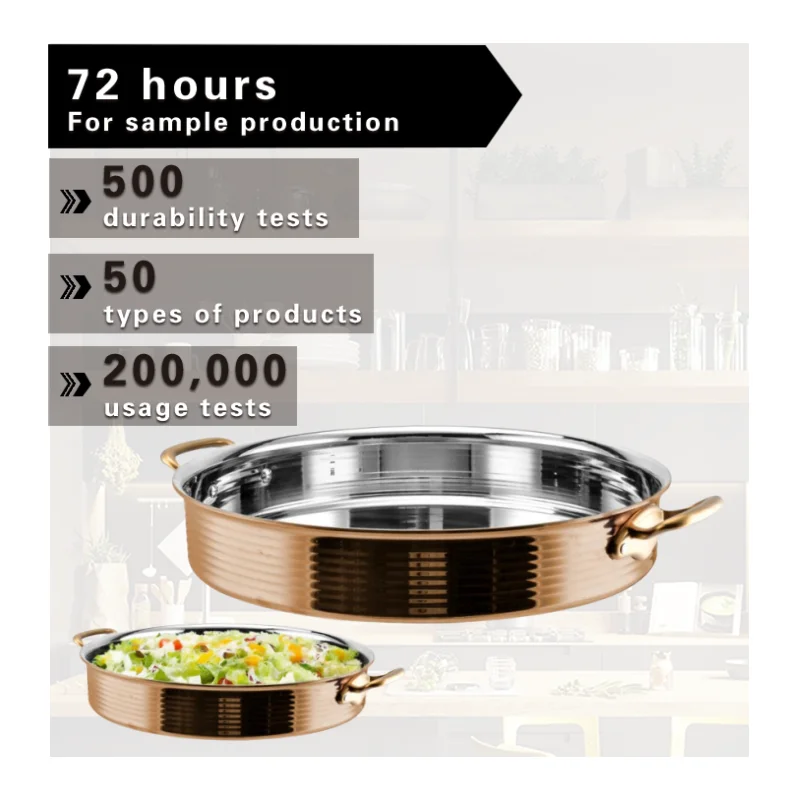 Yapamit New Design Rose Gold Horizontal Stripes Straight Body Double Handles Food Serving Dish Tri-Ply Stainless Steel Plate