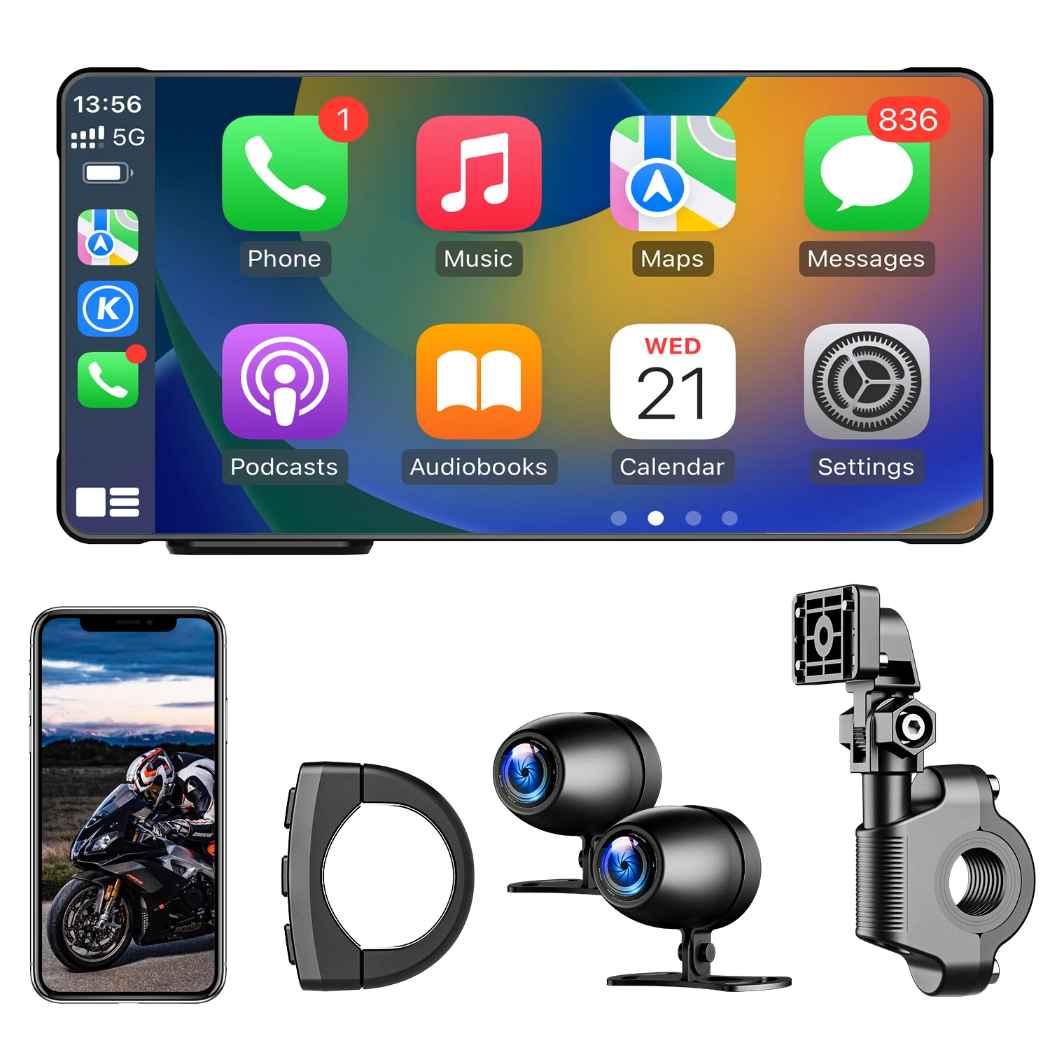 Motorcycle GPS with Carplay 5 Inch waterproof display screen Carplay Android auto HD Navigation 3D map sd card Wireless Carplay