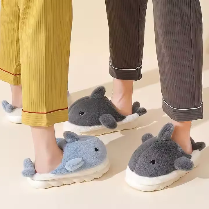Winter kid woman blue pink cute cartoon soft cozy fluffy warm shark slippers for boy girl
