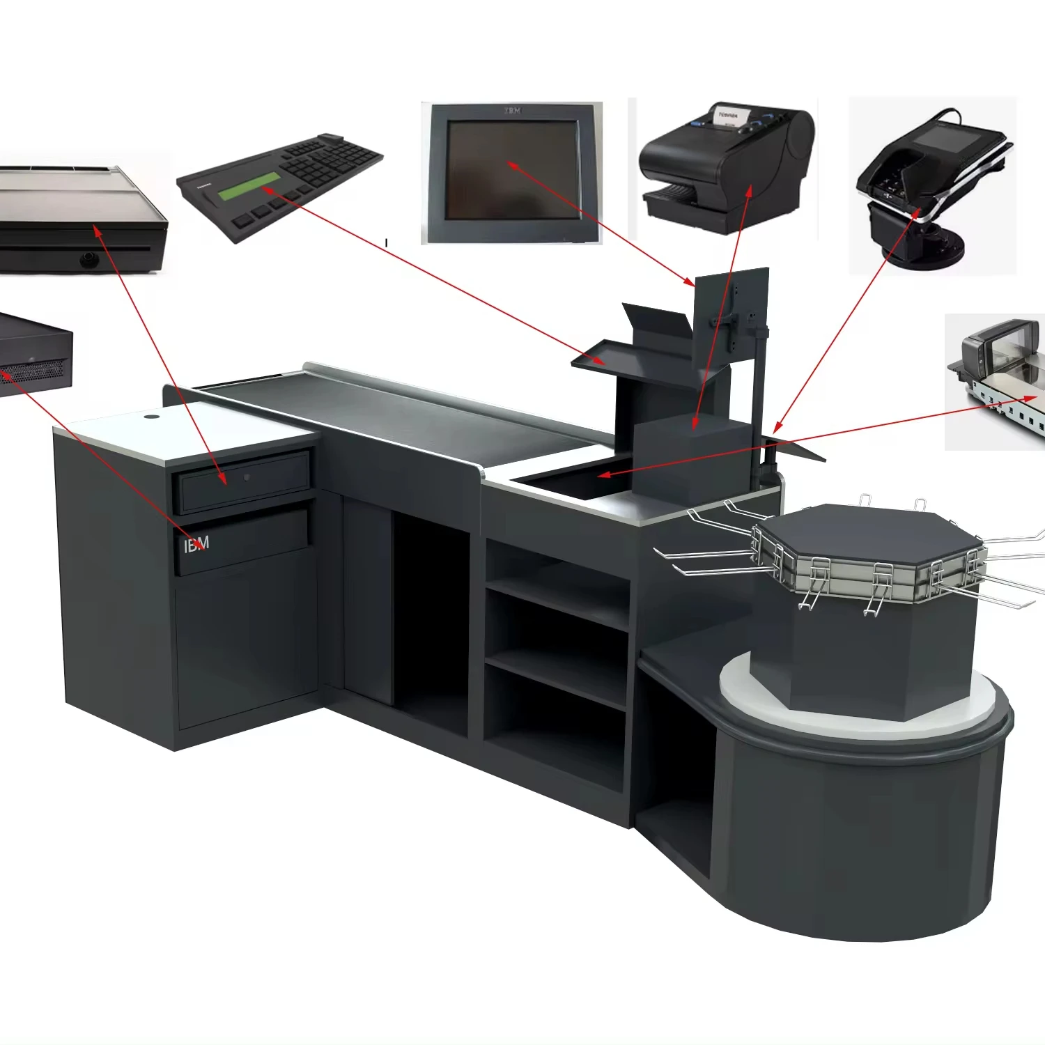 Supermarket Retail Grocery Store Shop Electric Cash Register Automatic Checkout Counter with Conveyor Belt