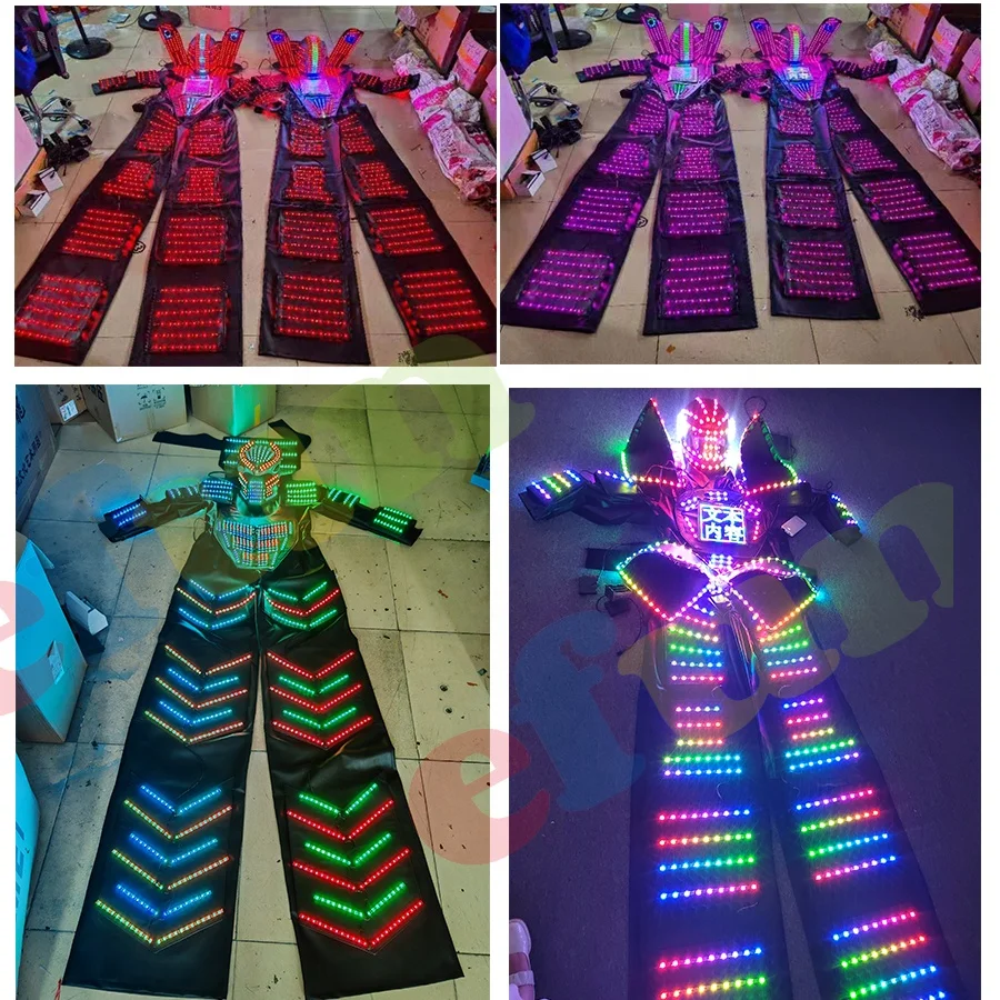 Full Color Laser Glove Glasses Led Robot Costume Adult Party Robot Led Suits Stilt Robot With Co2 Led Cannon Gun
