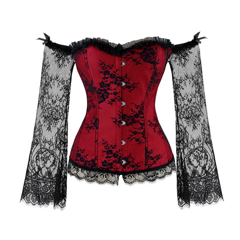 Hot Sale Women Summer Solid Color Court Lace Long Sleeve Tights Corset Shapewear Strapless Stage Wear Top