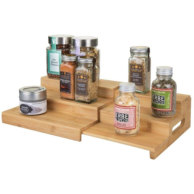 
3 Level Storage Natural Bamboo 3 Tier Expandable Kitchen Spice Jar Rack 