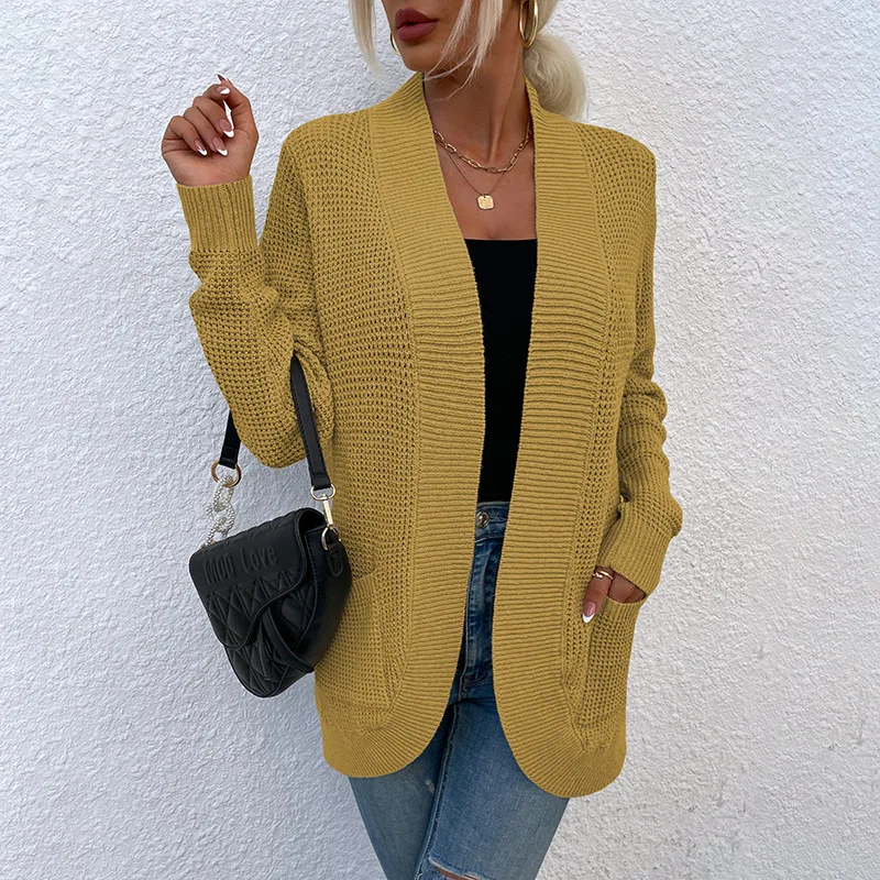 Soiling New Arrival solid color knitted sweaters women casual fall winter long sleeve cardigan with pockets