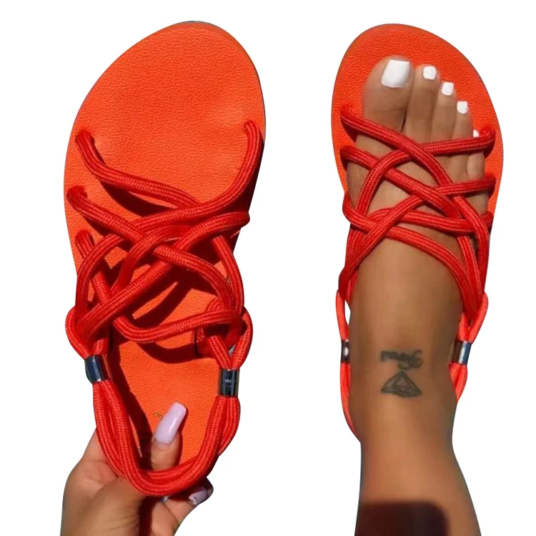 
Fashion Casual Women Summer Braided Rope Beach Shoes Roman Open Toe Flat Heel Sandals 