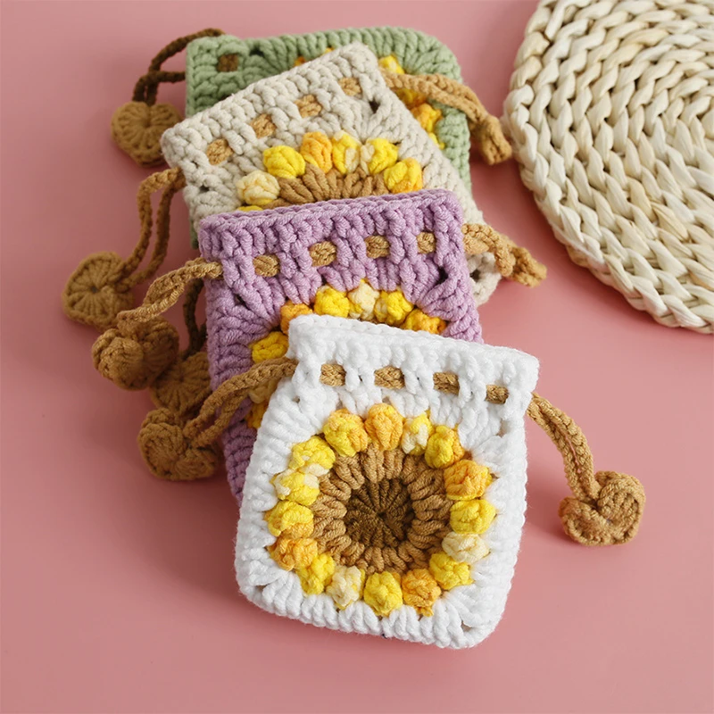 Mini Handmade Crochet Sunflower Pattern Bags Hollow Out Knitted Small Square Wallet Coin Purse