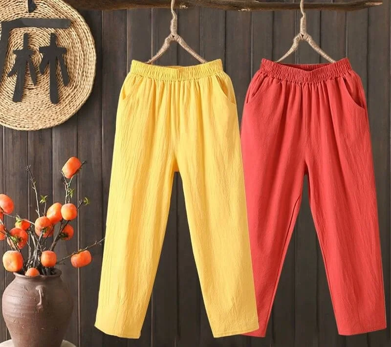 Women Plus Size Pants Ankle Length Solid Color Comfortable Cotton Linen Casual Pants Straight Leg Trousers Womens Trousers
