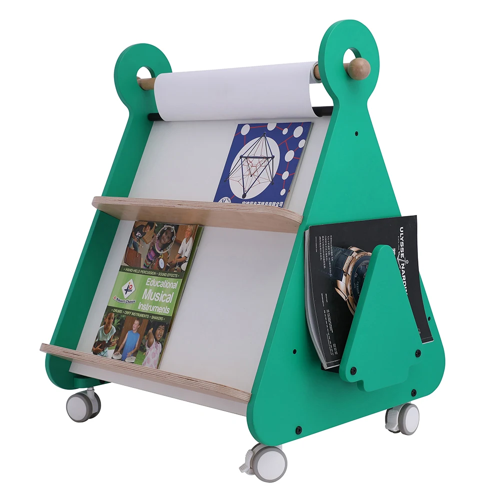 Beech Solid Wood Furniture Little Library Baby Wooden Bookshelf With Plastic Wheel