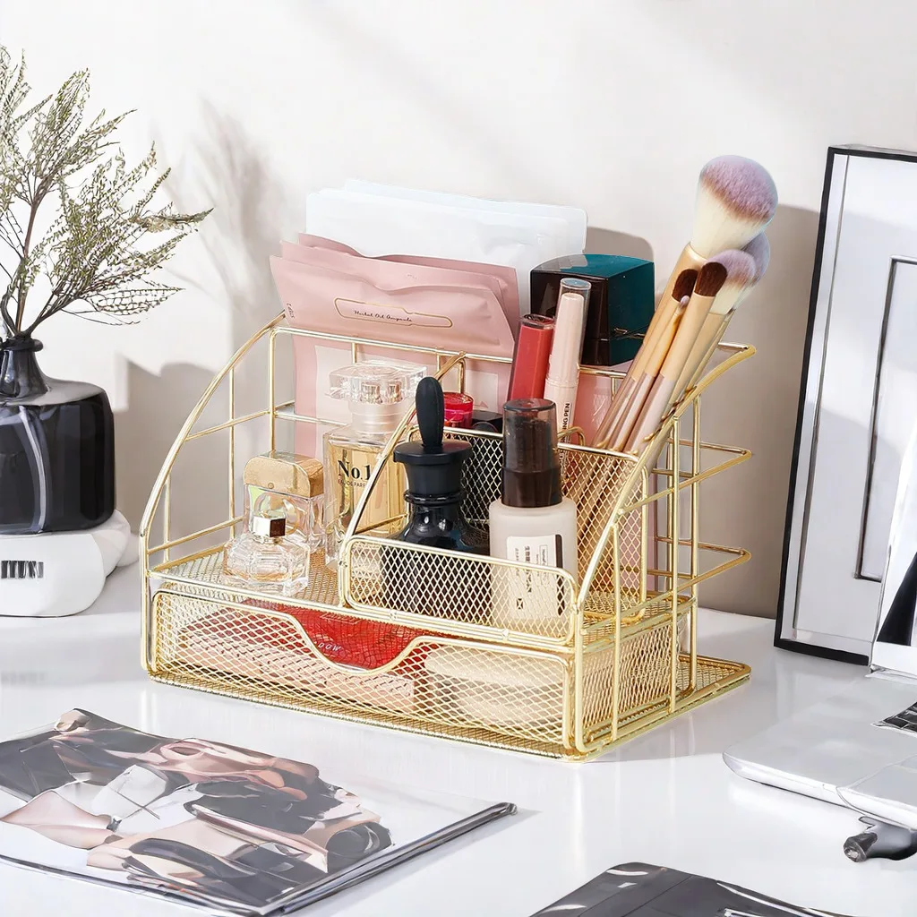 Mesh 3-Tier Letter Tray Desk Organizer with 5 Vertical File Holders Paper Desktop File Folder Stationery Organizer for Storage