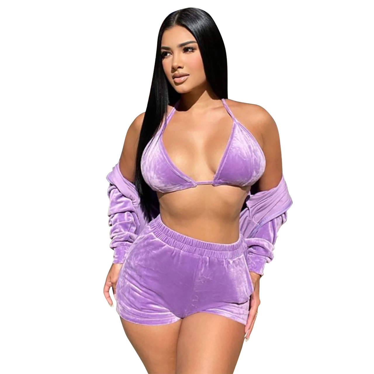 Amazon Hot Selling Velvet Velour Tracksuits Three Piece Workout Set Women Hooded Set