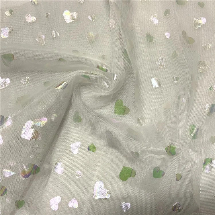 Design Custom-made Polyester Luxury Shiny Wholesale Net Mesh 3D Heart Foil Mesh Fabric