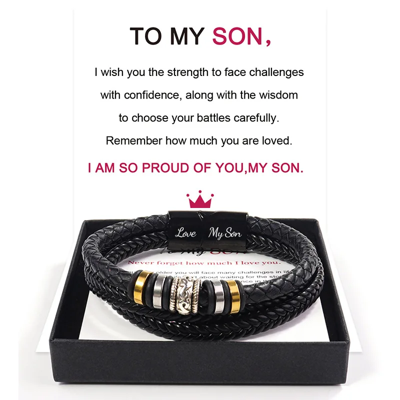 New Three layer black leather rope bracelet Stainless steel magnetic buckle I love you engraved stainless steel leather bracelet