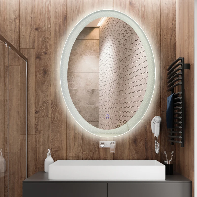 
2020 New Design Oval Wall Mounted illuminated LED Bathroom Mirror With Touch Switch and Laser Pattern 