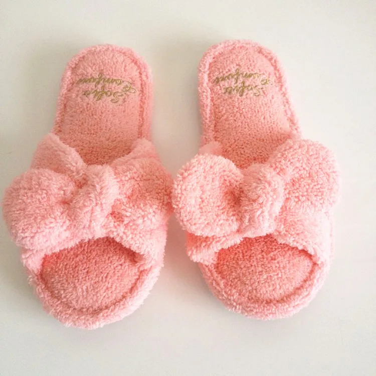 New Coral Fleece Women Winter Thick Fleece Slippers Fashion Bow Leisure Soft Slippers Wear At Home For Winter Warm