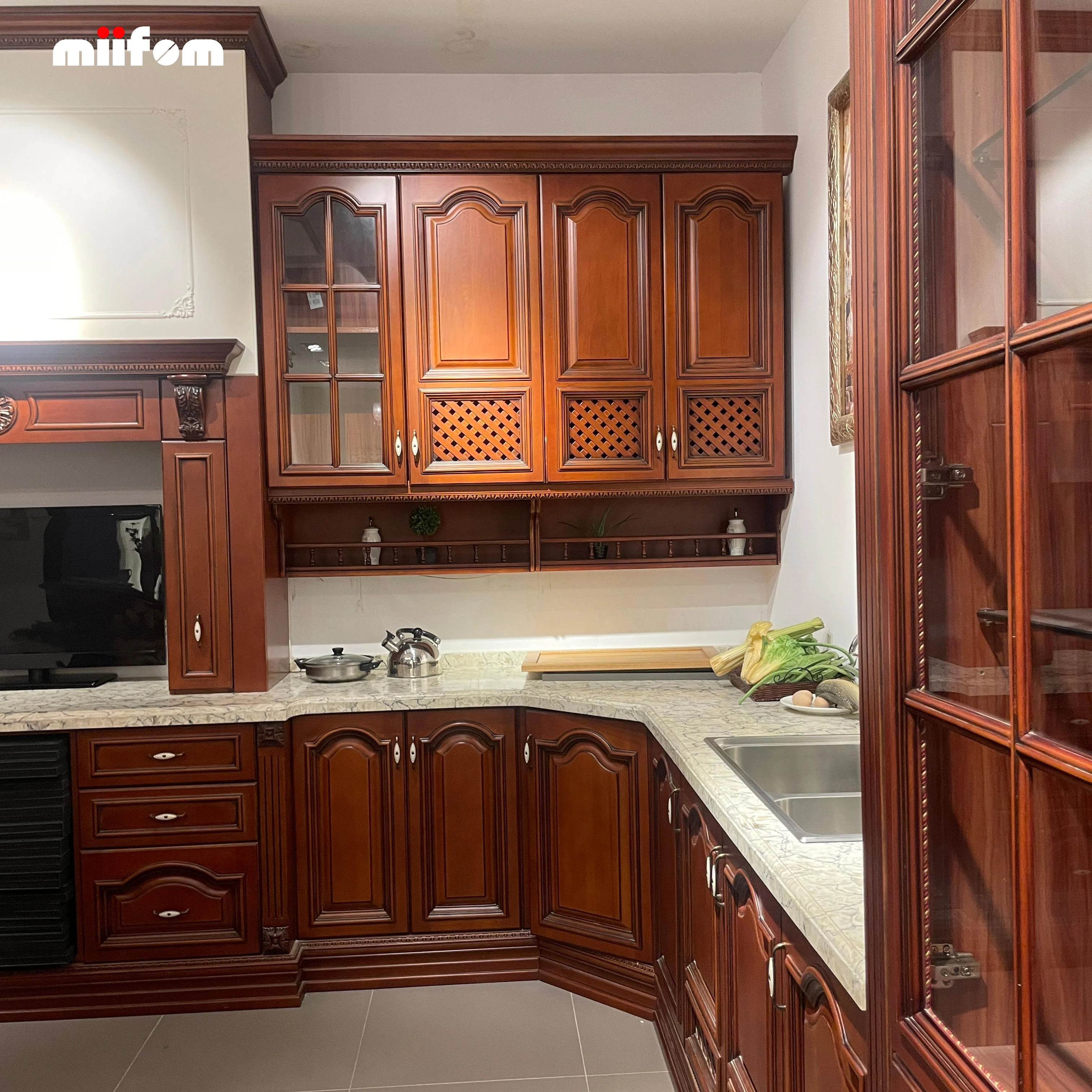 Vintage style red solid wood painted furniture, kitchen cabinets with irregular arcs