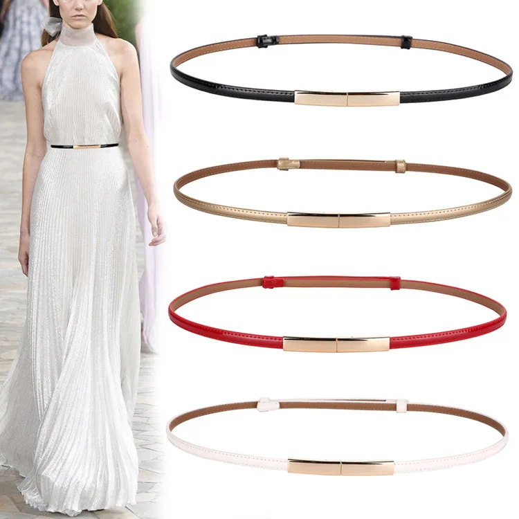Wholesale Korean style pure color genuine leather  Women Belt Thin Skinny Metal Gold Elastic Buckle Waistband  Waist Belt