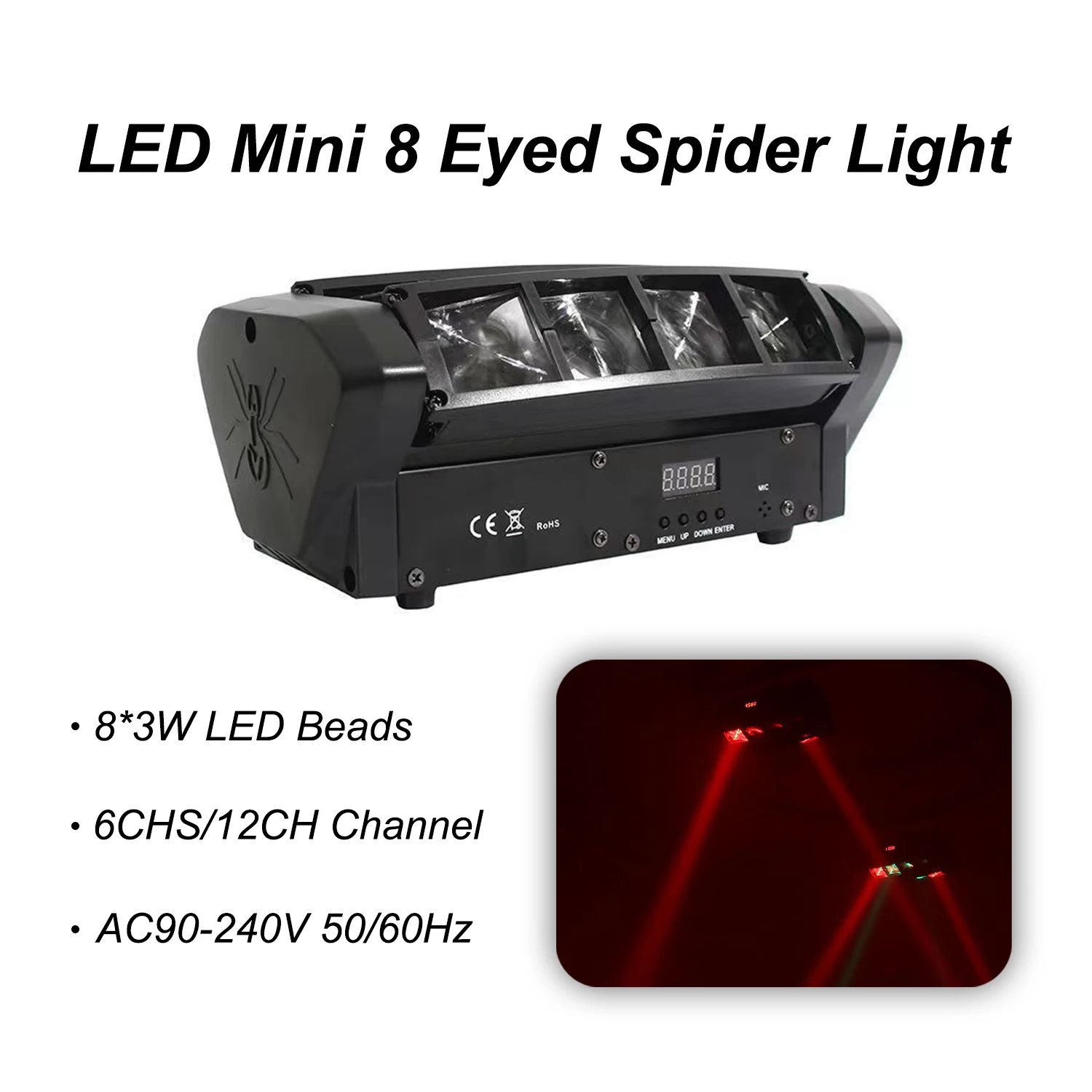 LED Mini 8 Eyed Spider Light Moving Head Stage Light for Concerts Nightclubs Corporate Events Festivals Weddings Fashion Shows