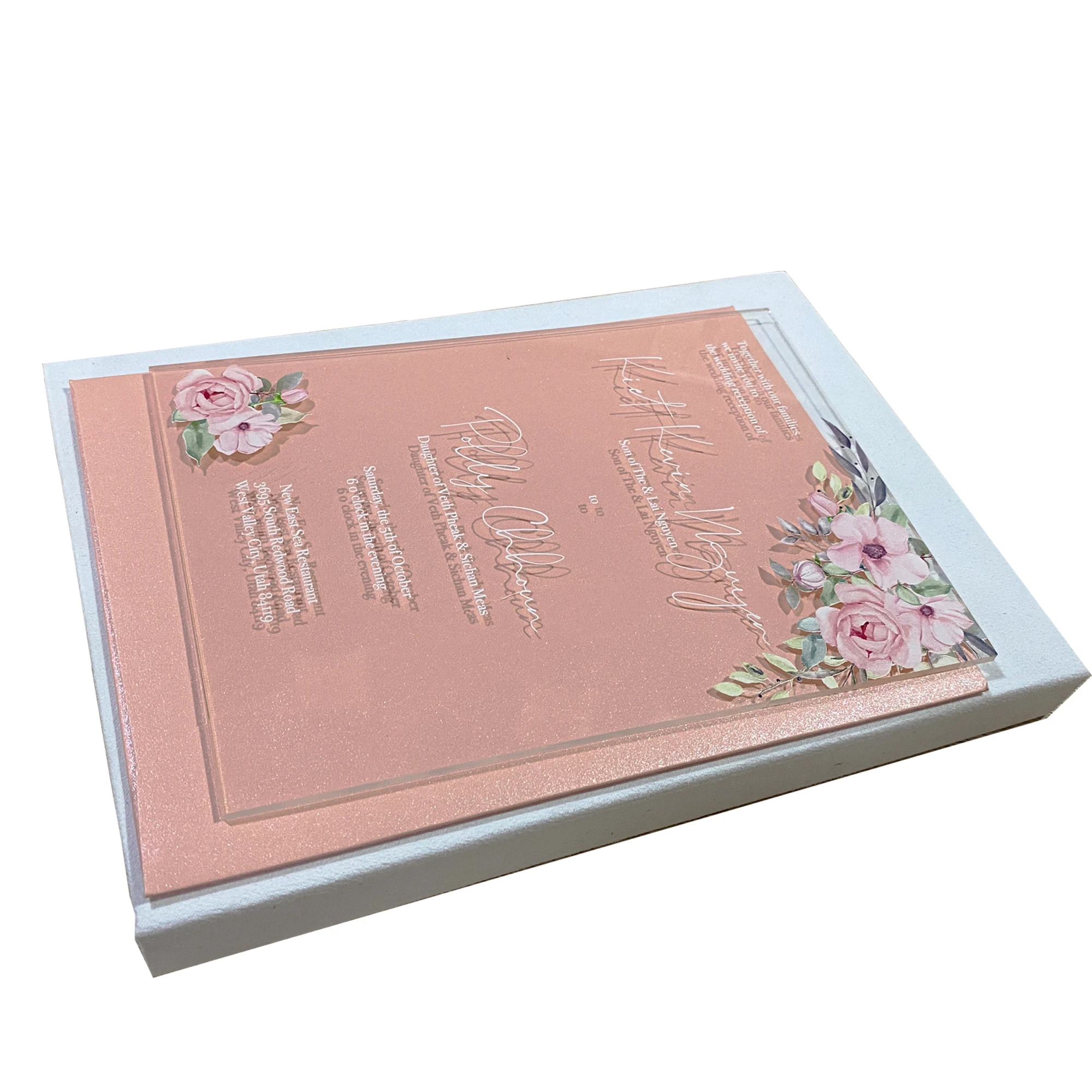 Western wedding invitation card box acrylic gold foil printing a set of card and velvet packaging