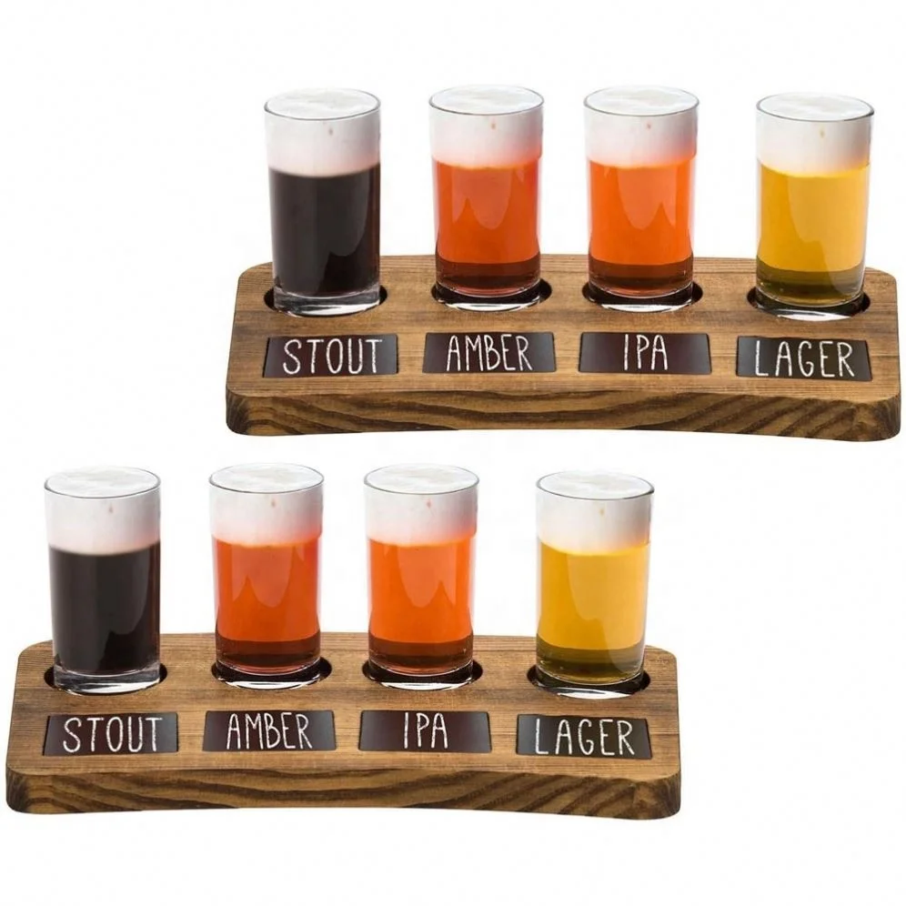 Set Of 2 4-Glass Dark Brown Wood Beer Flight Sampler Serving Tray With Chalkboard Labels