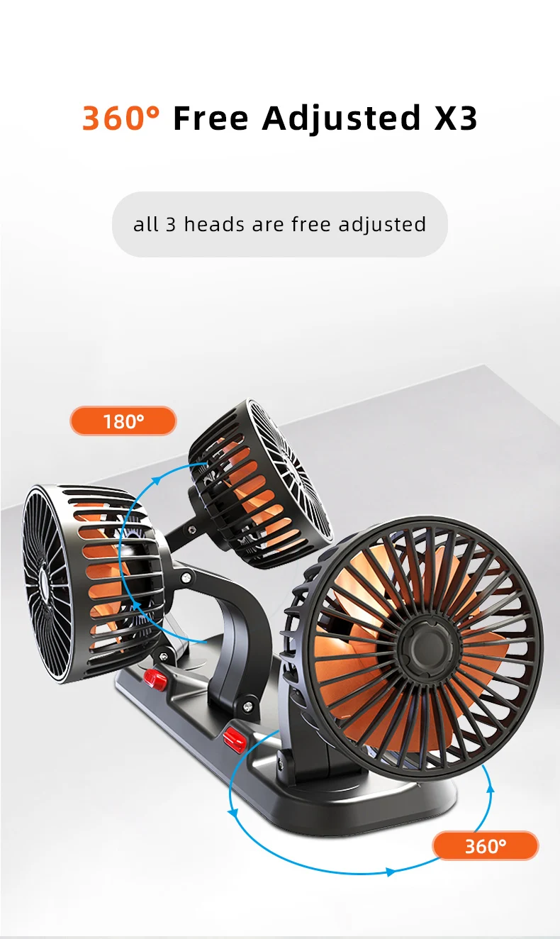 5V 24V 12V Degree Rotation Center Console Dashboard RV Boat Cabin Caravan Van Cooling Triple USB Three 3 Heads Truck Car Fan