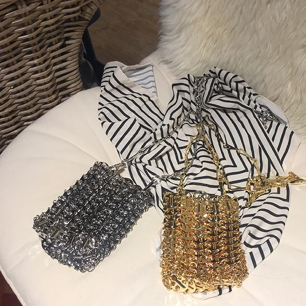 New Fashion Designer Bag Alloy Metal Material Weave Geometric Mini Open Pouch Bag for Women