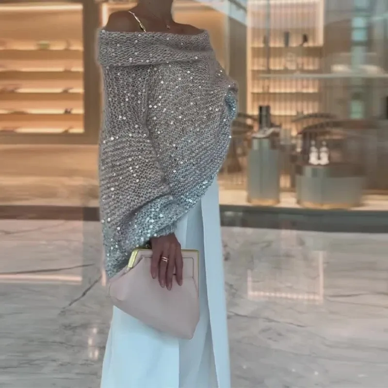 Loose High Class Elegant Sequin V-Neck Sweater Coat