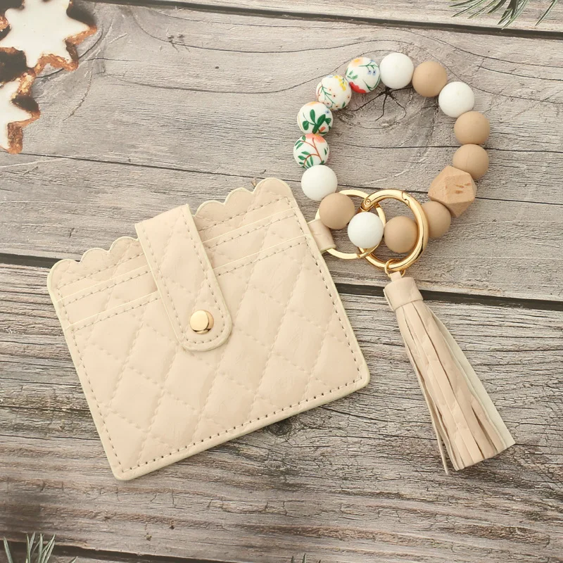 2022 In Stock Silicon Beads Bracelet Keychain Pu Leather Tassel Geometry Sewing Silicon Beads Wristlet Keychain Wallet for Women