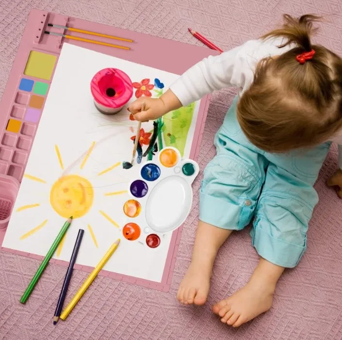 Silicone Painting Mat Art Station with Built-in Palette Multipurpose Silicone Art Mat Water Coloring Mat for Kids