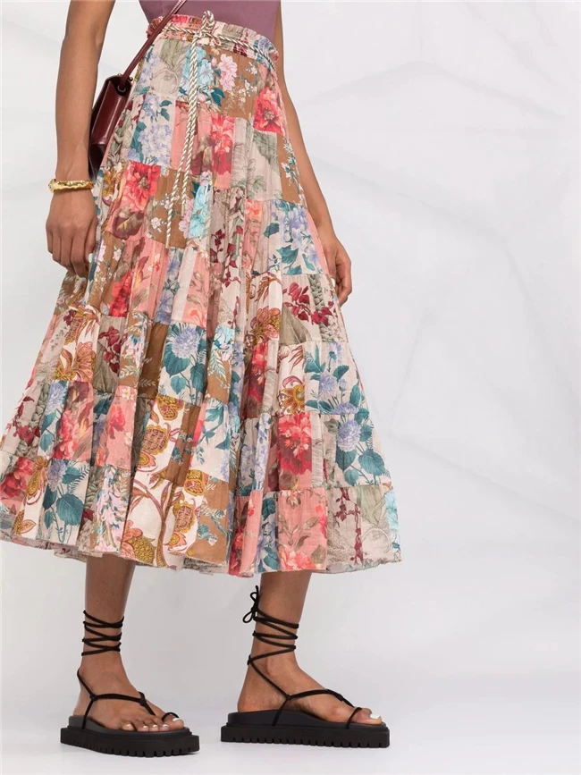 2023 Summer Women Custom Elegant A Line Long Smock Cotton Multi Color Floral Pleated Midi Skirts with Rope