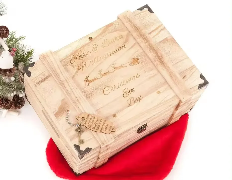 Engraved Christmas Eve Gift Storage Organizer Large Antique Wooden Treasure Chest Box For Keepsake
