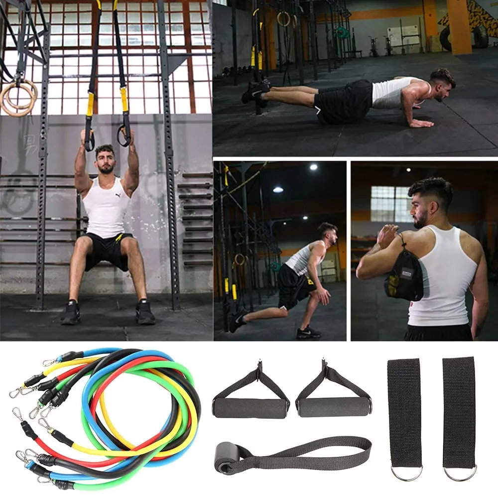 11 Pieces Exercise Fitness Resistance Bands Set Latex Bodybuilding Elastic Pull Rope Strength Training for Pilates, Rehab, Yoga