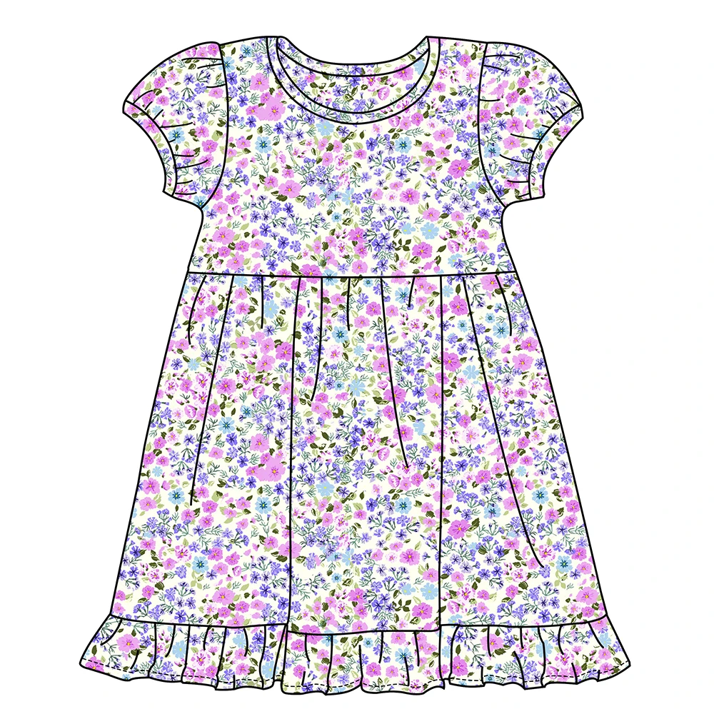 Wholesale Kids flower print 100% cotton puff sleeve little girls clothes causal dresses