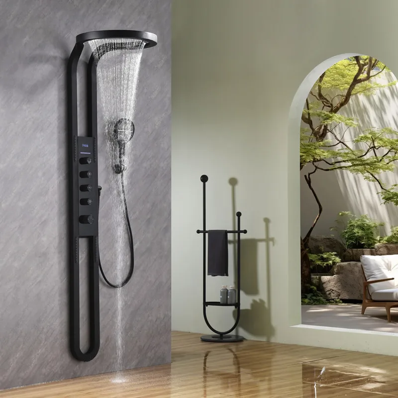 2024 newest design tiktok  gun gray brass wall mounted smart led bathroom waterfall water mist spray shower panel