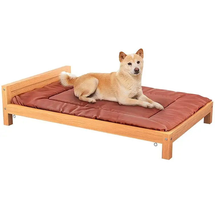 Elevated Bamboo Wood Dog Raised Bed with Removable Washable Cushion For Medium Dog
