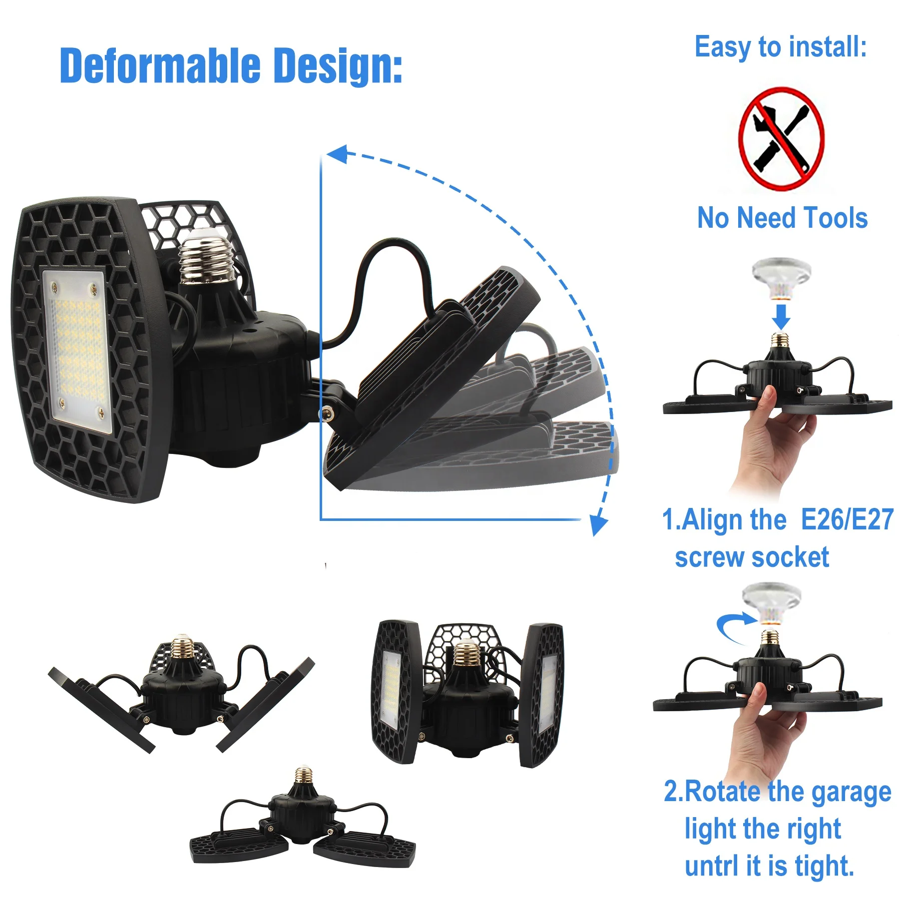 
Deformable LED Garage Ceiling Lights 60W with 6000 LM for Garage,Ultra-Bright Mining Trilight Lamp 