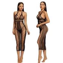 Women Open Crotch Lingerie Erotic Half Slips Transparent Sexy Bodystocking Beachwear Fishnet Dress