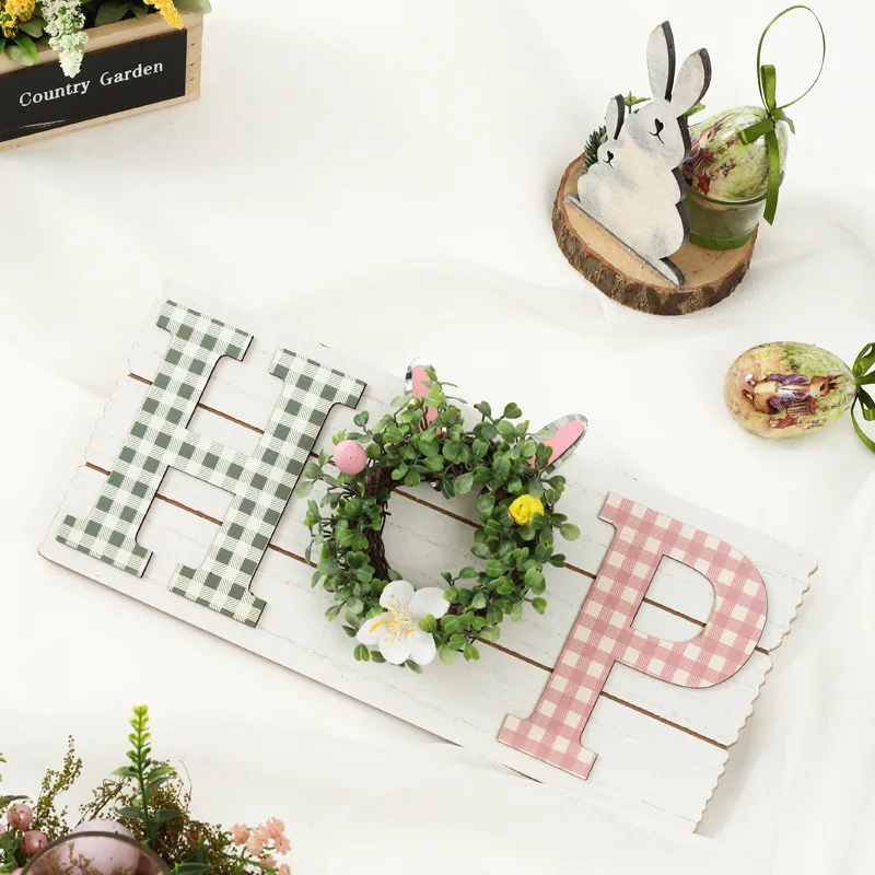 SH-223 Easter Bunny Wood Hanging Sign with Small Artificial Wreath Decorations Hop Sign