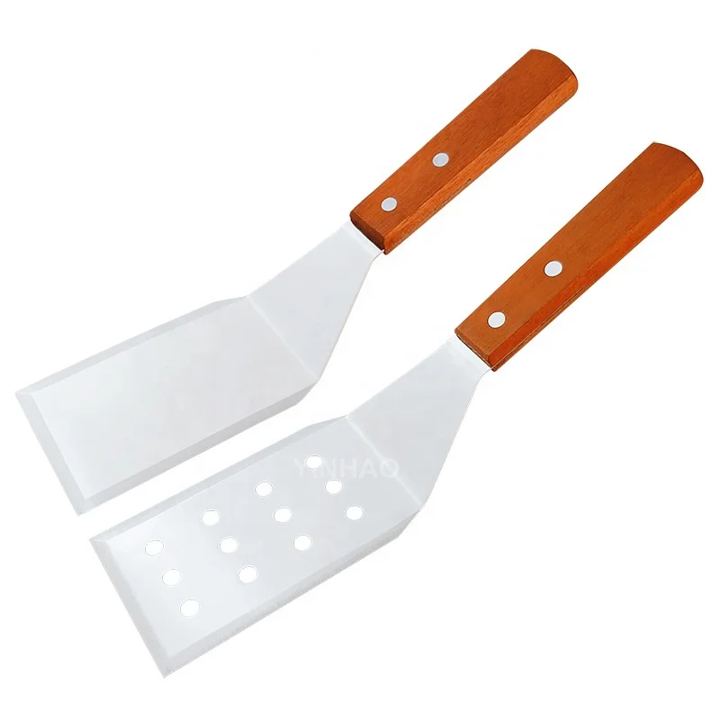 BBQ Accessories Griddle Tool Burger Grill Scraper Stainless Steel Wood Handle 3 Side Cutting Edge Hamburger Spatula Turner