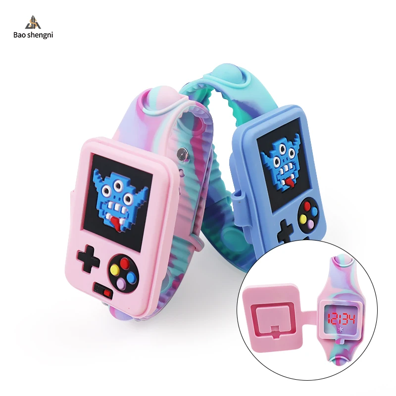 Calculator 3D Digital  Flip Cover LED Watch Silicone Push Pop Bubble Fidget Bracelet Watch Pop Writ Cool Watch for Kids