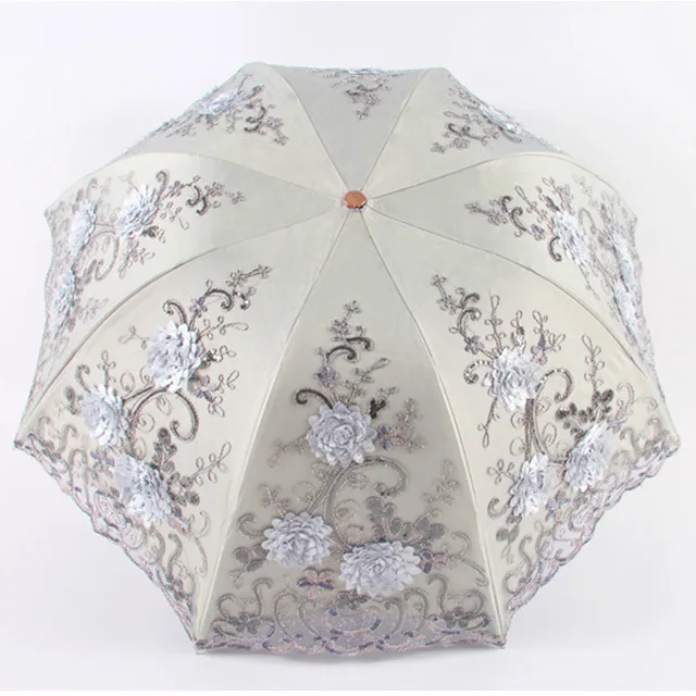 New Design Lace flower embroidery parasol wedding fabric umbrella with black coating