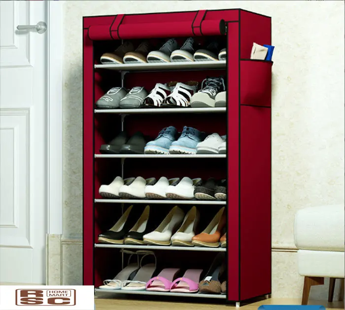 7 Tier Large Capacity Stackable Sturdy Metal Free Standing Organizer   Tall Shoe Rack with Covers & side pockets