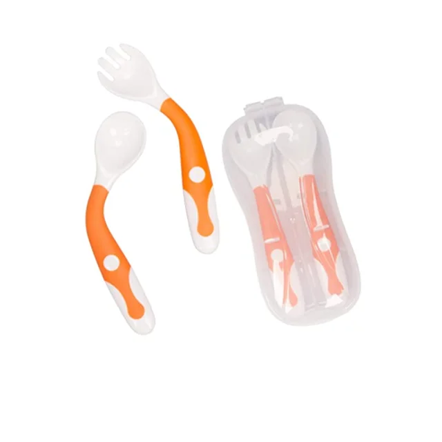 Easy Grip Heat-resistant Bendable Soft Perfect Self Feeding Learning Training Baby Utensils Fork Spoons with Travel Safe Case