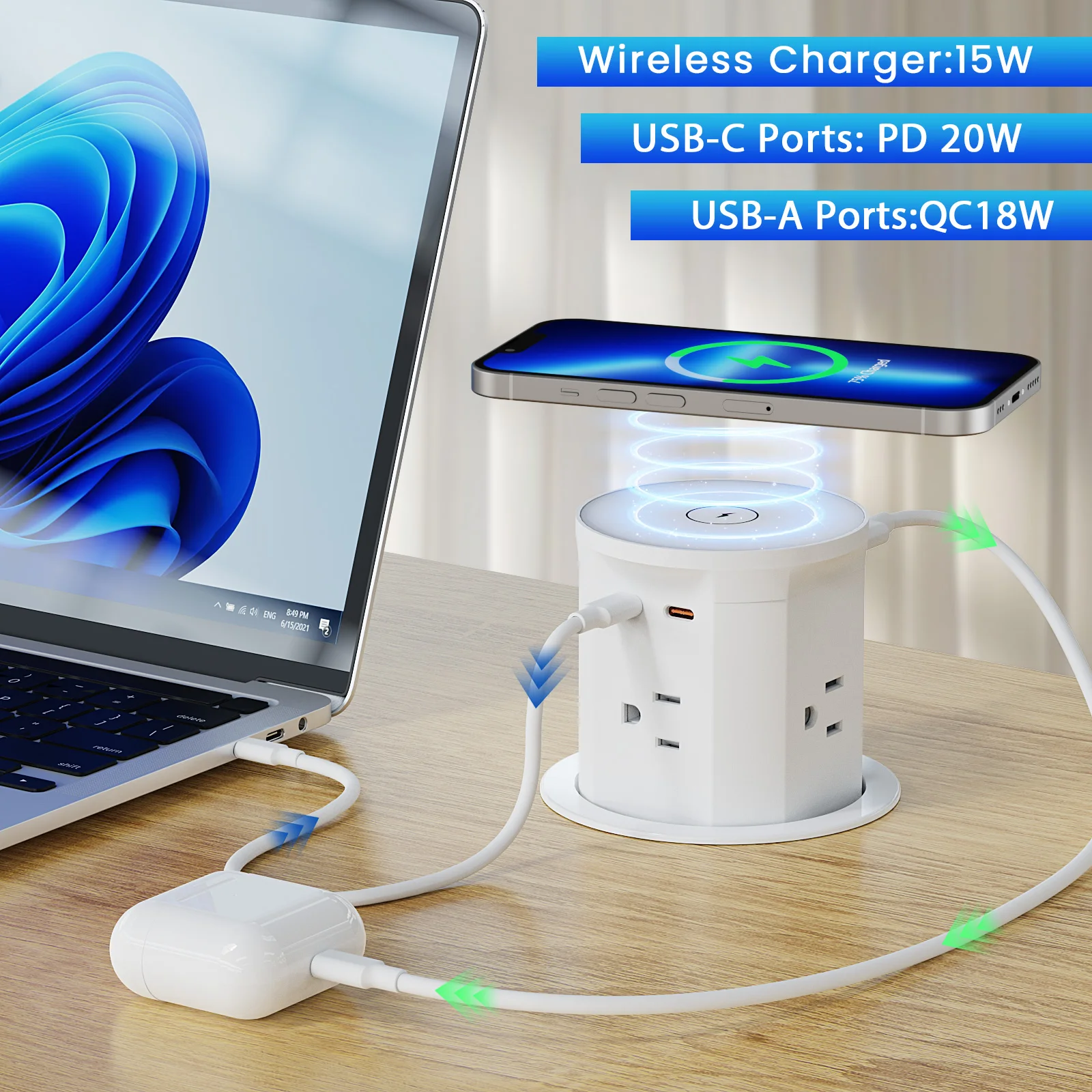 85mm Recessed Pneumatic Lift Pop Up Socket Retractable 4 AC Power Pop-Up Desktop Outlet Socket with 15W Wireless Charger