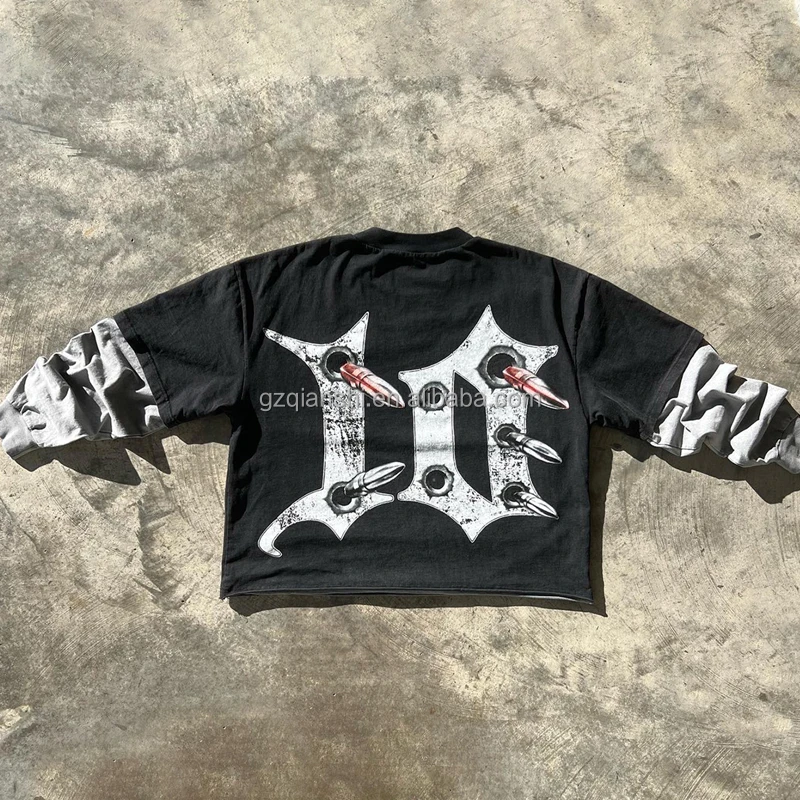 Custom round neck 240 gsm cotton Oversized Vintage Distressed Acid Wash boxy T Shirts black Double Layer Long Sleeve T-shirts