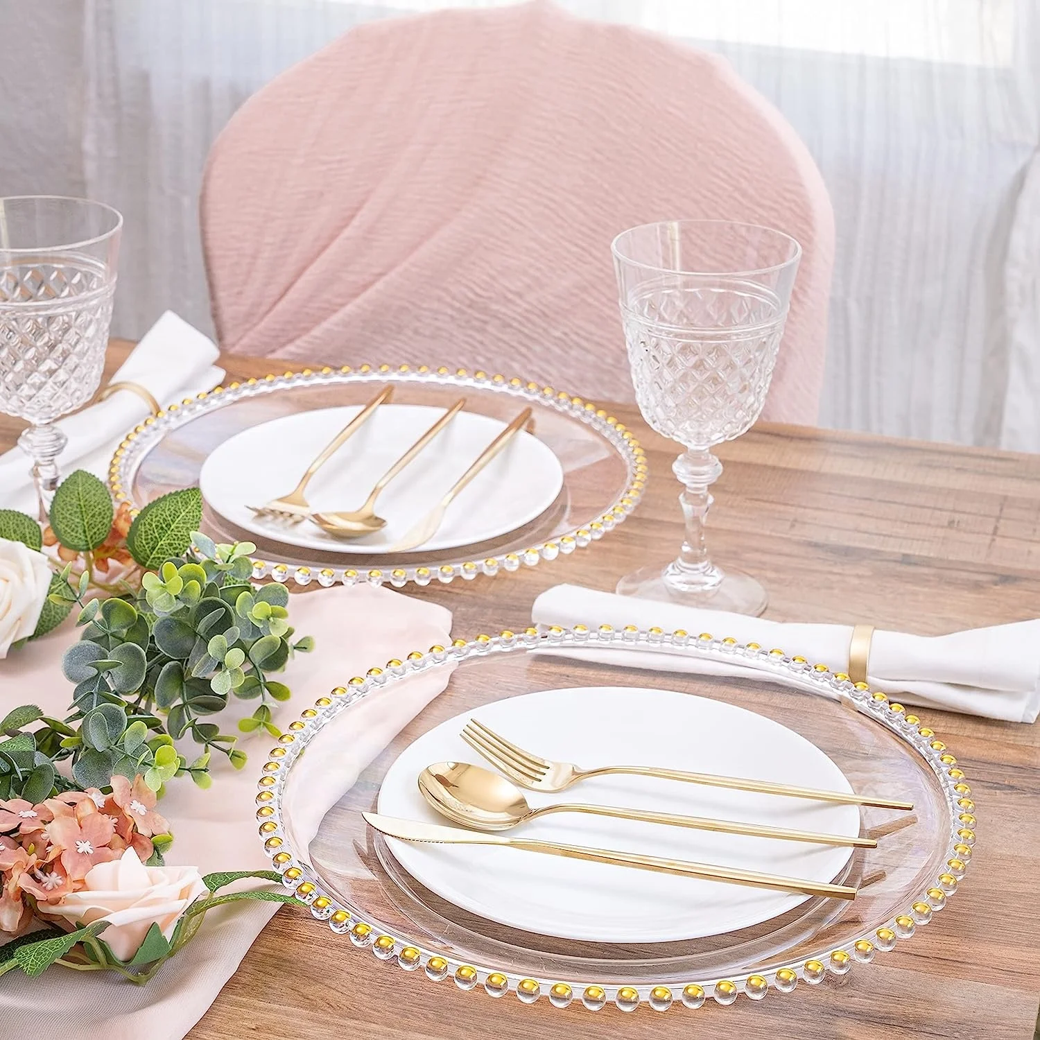 European 13 inch plastic acrylic charger plates gold beaded rim clear crystal charger plates