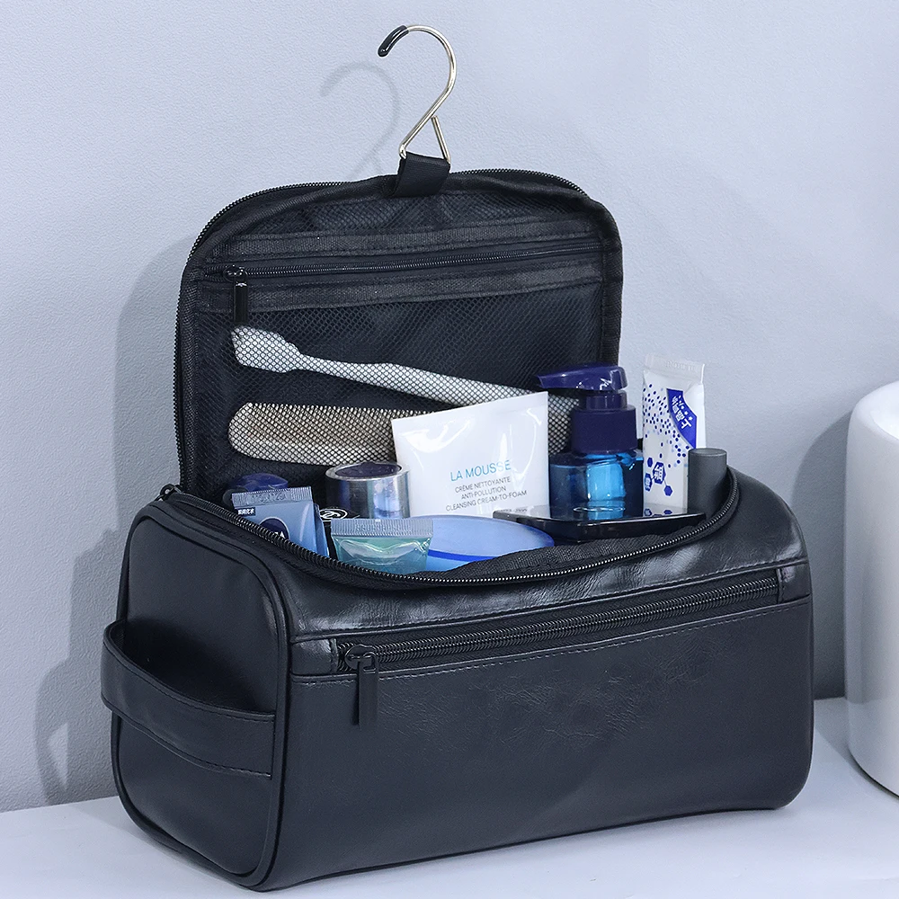 Wholesale Factory Gentleman Business Travel Travel Toiletry Bag Portable Waterproof PU Toiletry Hanging Wash Bag for Men
