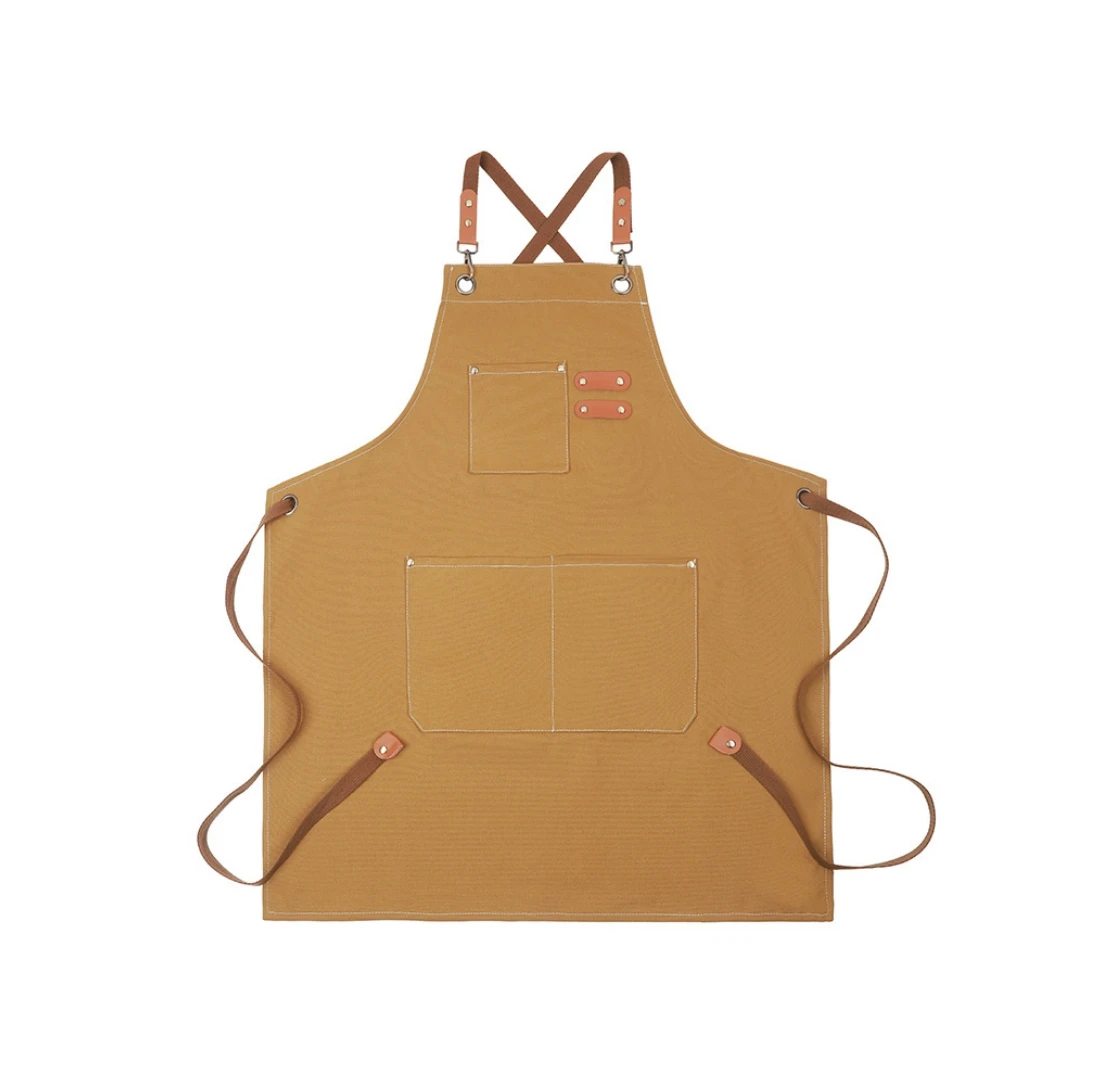 Thick canvas crossed shoulder strap polycotton apron waterproof and oil resistant kitchen cooking apron gardening apron