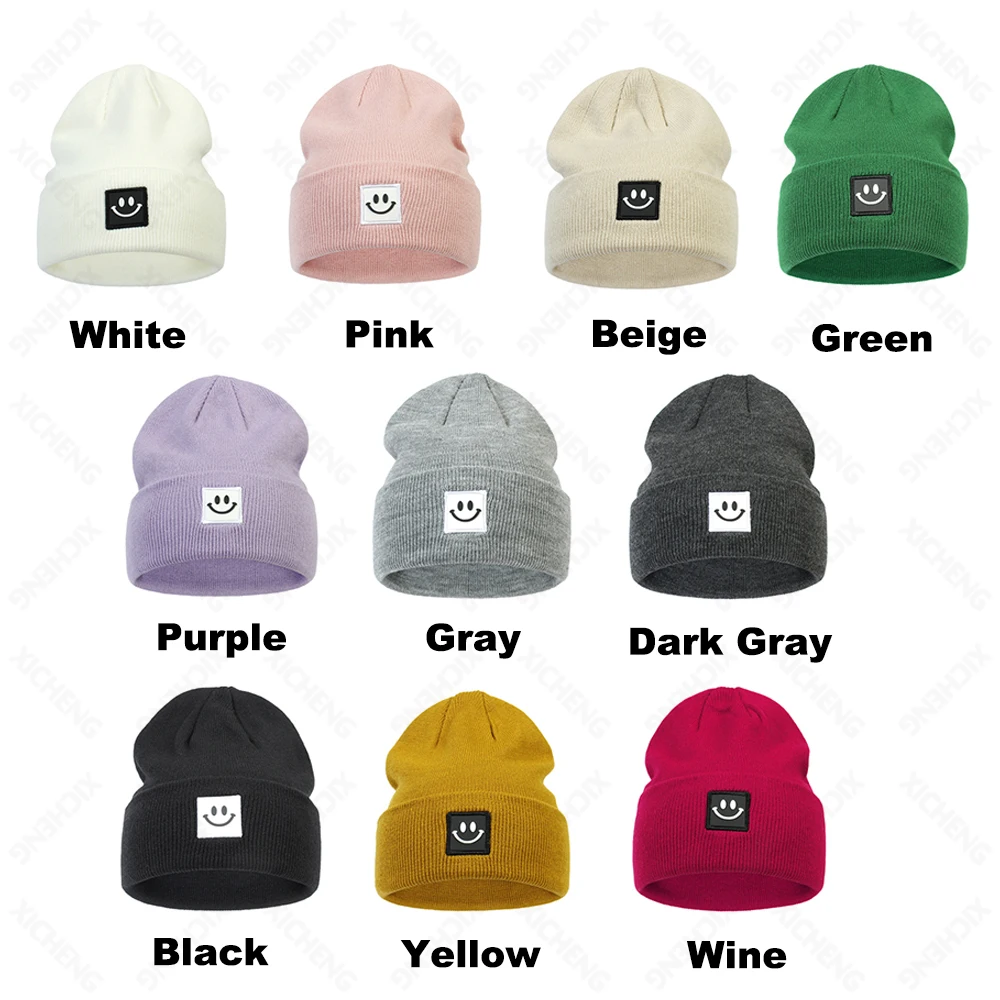 High Quality custom cartoon smile embroidery logo winter warm acrylic high elastic beanie knitted hat for men and women