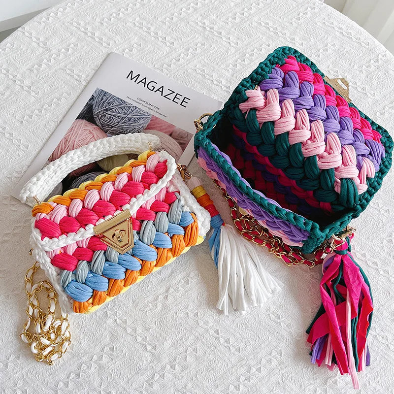 INS Hot Sale DIY Yarn Crochet Women Handbag Hand Woven Multi Color Handbags Beach Yarn Purse