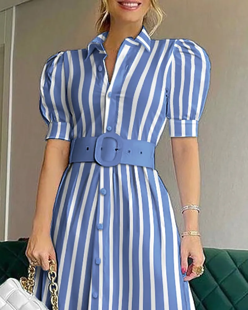 Summer Lapel button breasted puff sleeves casual high waist temperament dresses mid length is thin dress